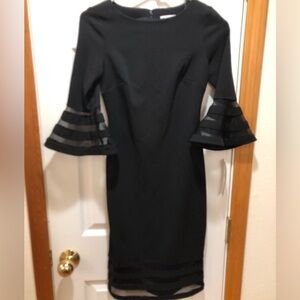 Calvin Klein LBD Cocktail Dress Black SZ 0P Illusion Hem/Sleeve Bell Sleeve NWT